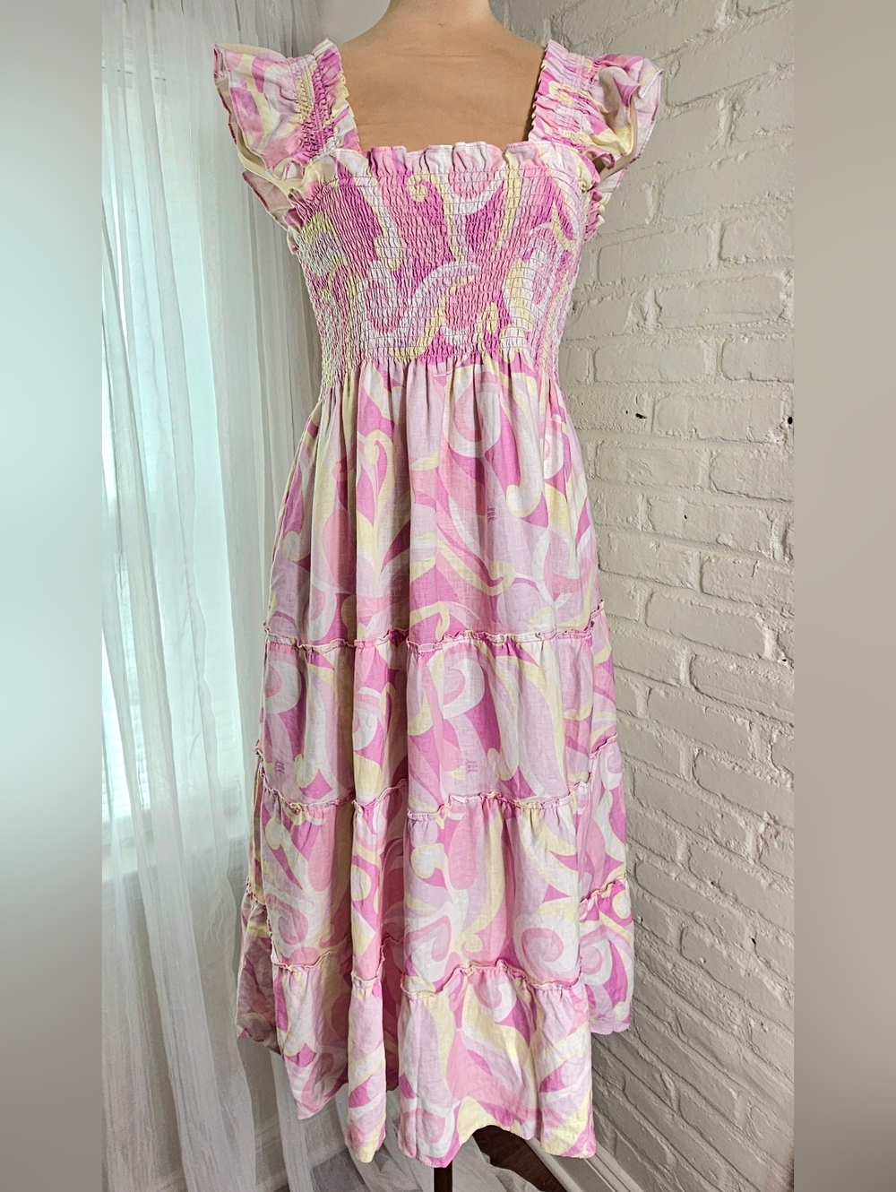 Hill House Ellie Nap Dress Pink Print Smocked Midi Dress Size M - Picture 4 of 10